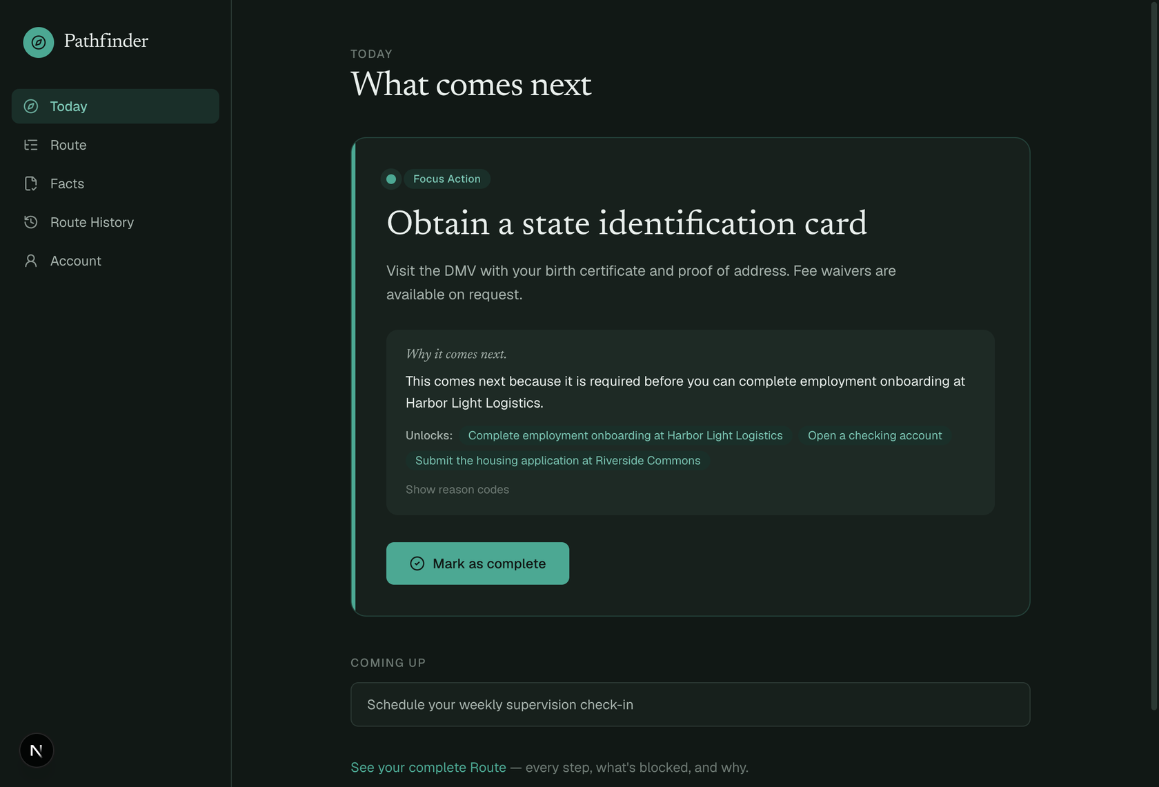 Pathfinder's Today view: the Focus Action 'Obtain a state identification card', why it comes next, and the three actions it unlocks.